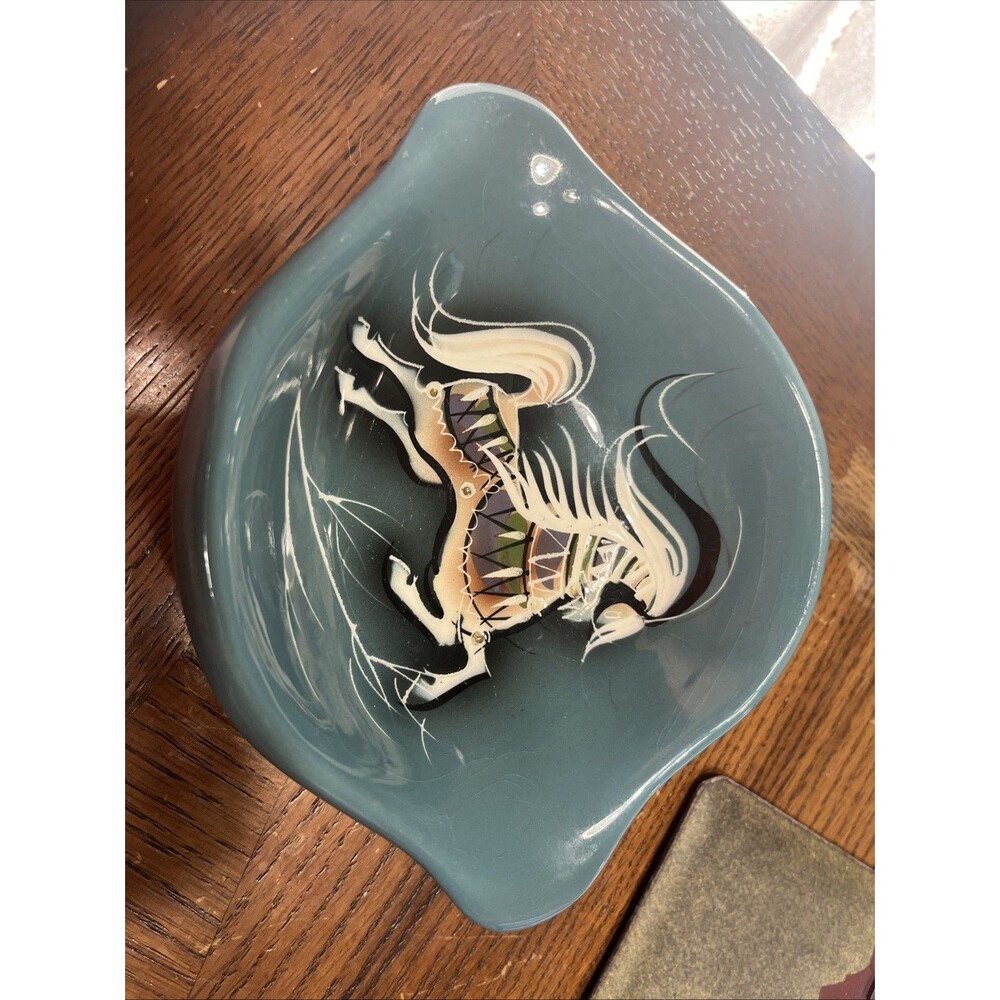 Signed MCM Hand Painted Sascha Brastoff Biomorphic Freeform Horse Dish Chipped